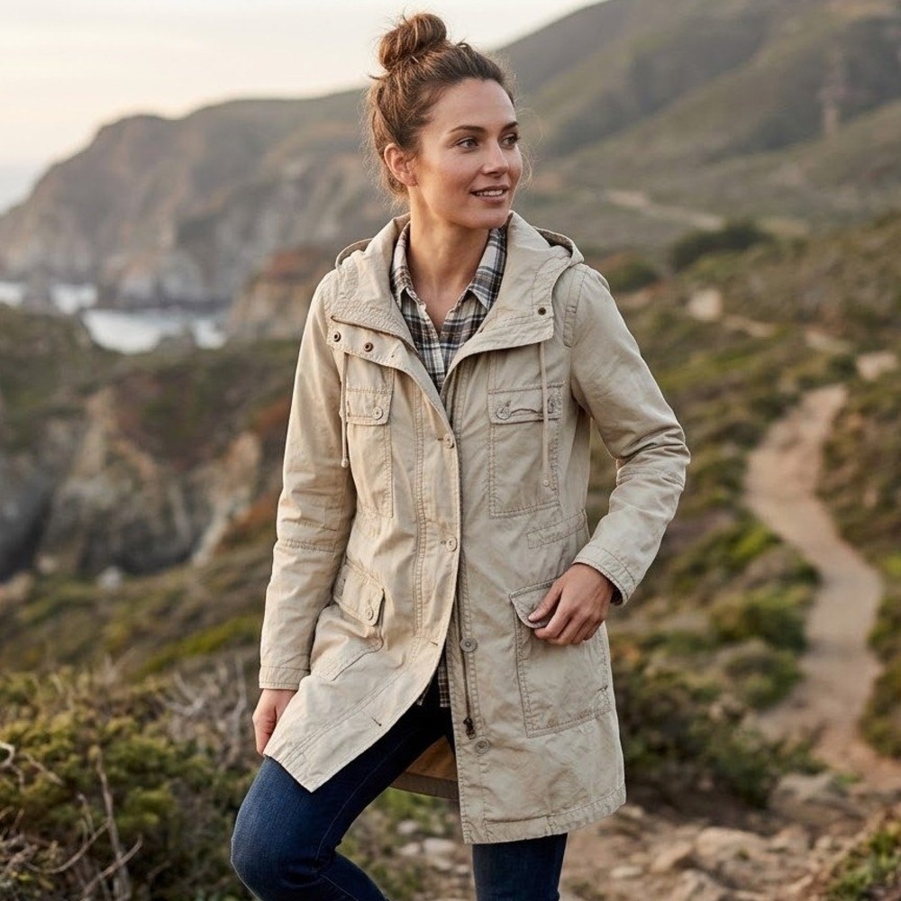 Gap Utility Parka Jacket Womens Small Tan Beige Hooded Cotton Field Coat Safari